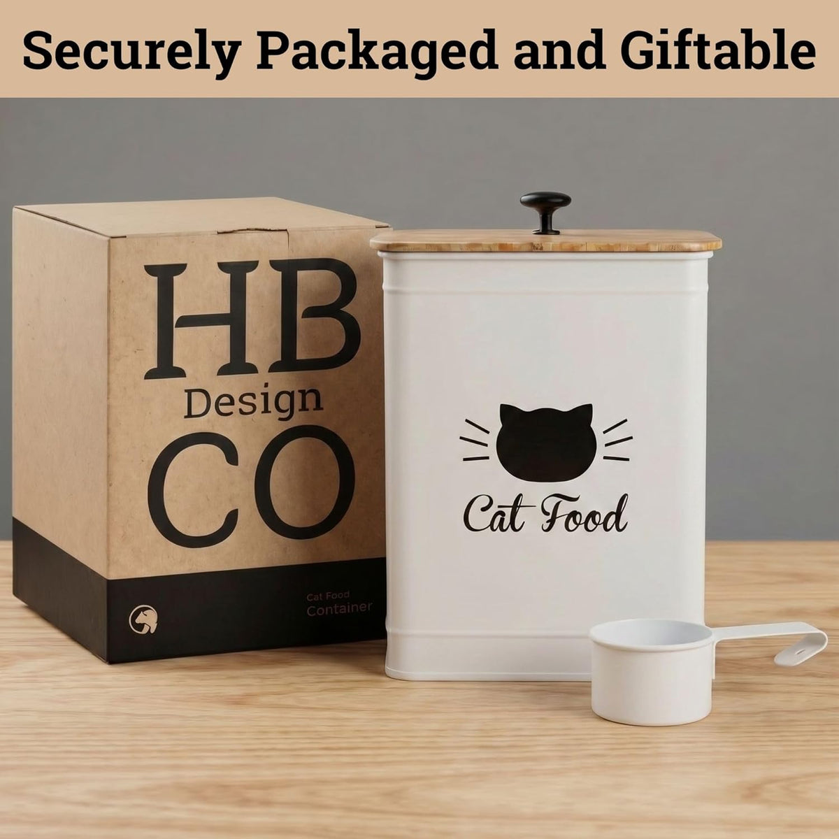 Cat Food Storage Container with Scoop - 5-7 lb (25 Cup) Capacity Metal Cat Food Container with Airtight Bamboo Lid and Metal Scoop - Airtight Pet Food Storage Containers 5 lb - 7 lb Kibble Container
