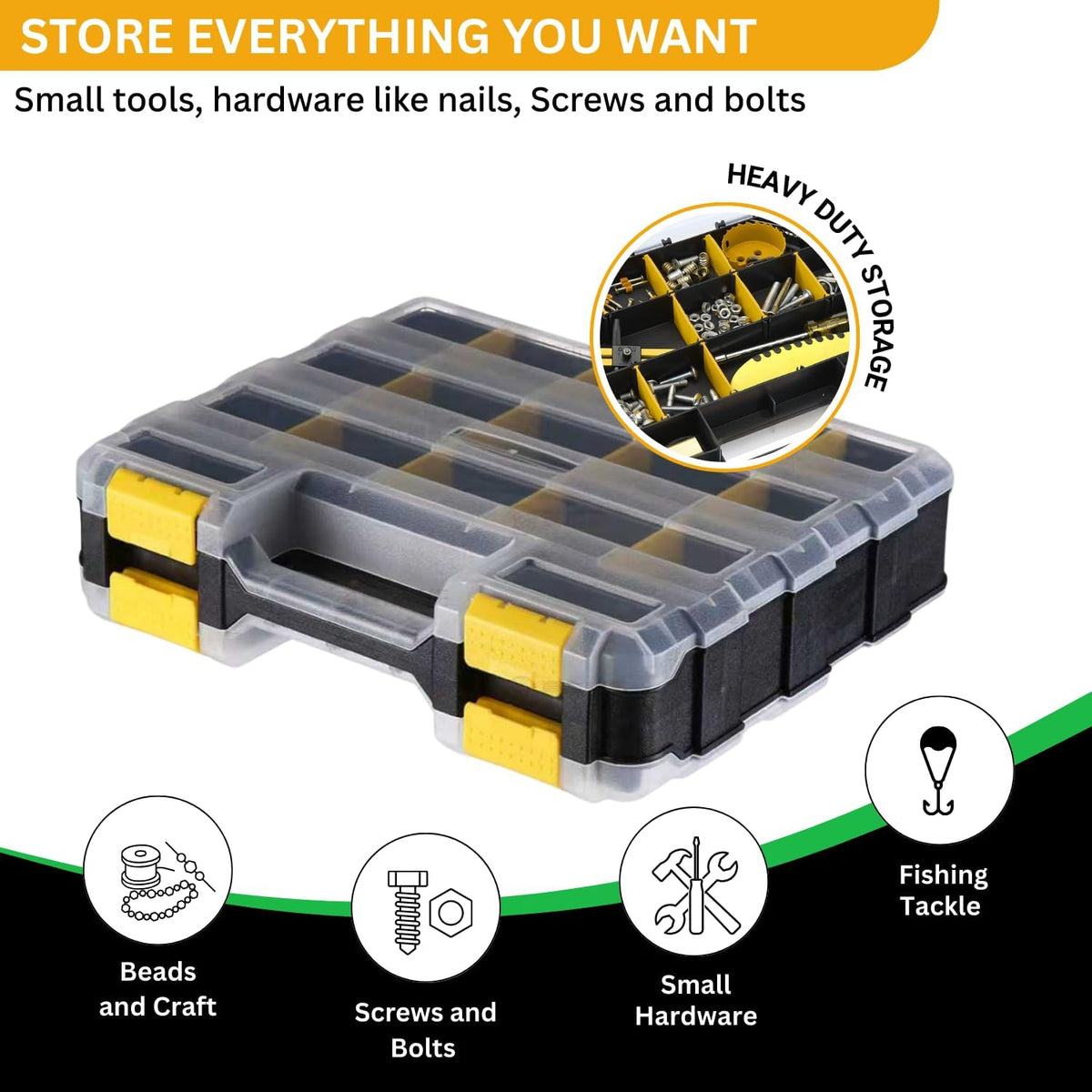 Andalus Tools Organizer Box, Small Parts Storage 34-Compartment Double-Sided Portable Hardware Organizer Removable Plastic Dividers for Screws, Nuts, Bolts, Nails – Orange (12.5" x 10.5" x 3")