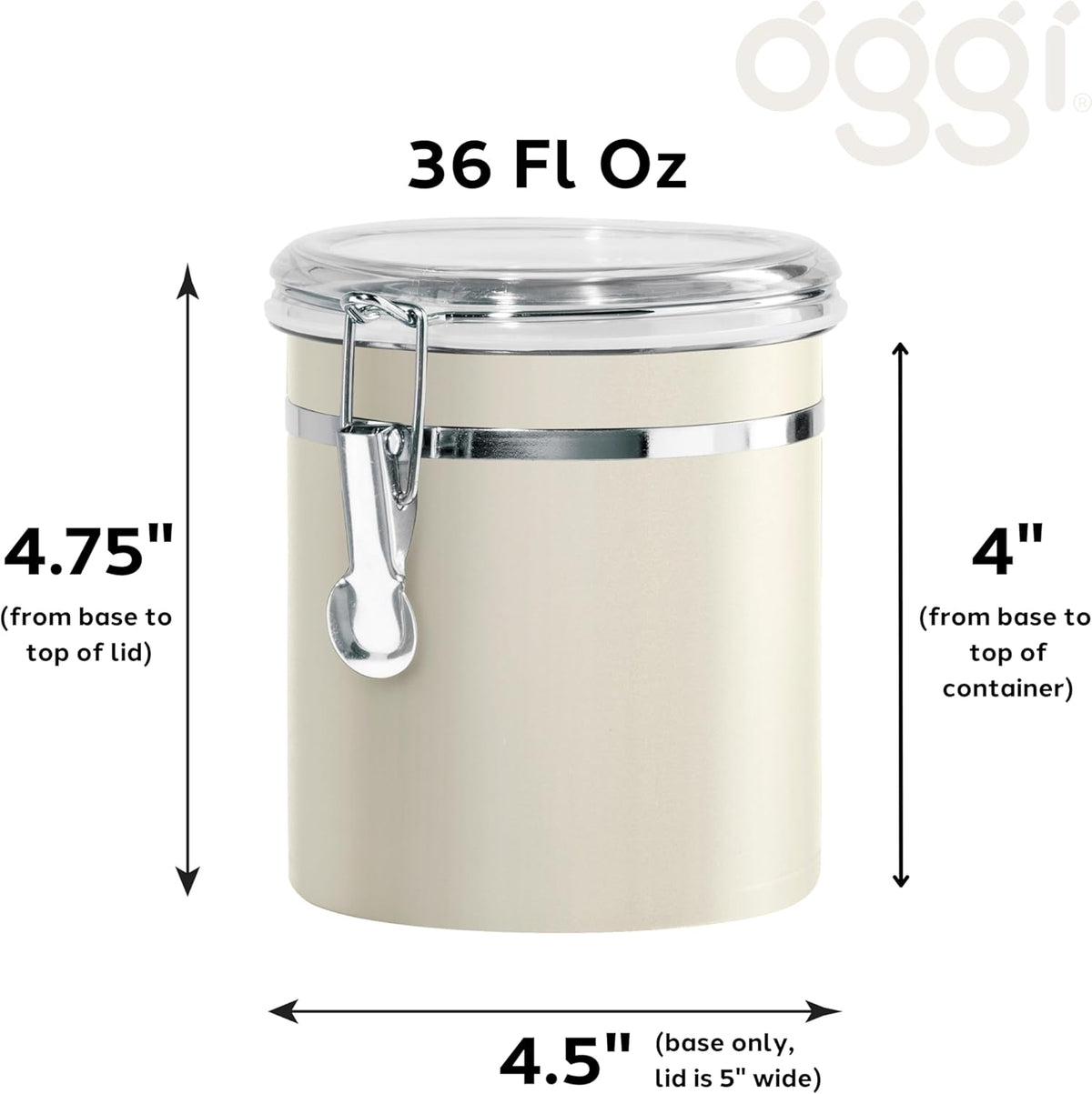 Oggi Stainless Steel Kitchen Canister 152 fl oz - Airtight Clamp Lid, Clear See-Thru Top - Ideal for Kitchen Storage, Food Storage, Pantry Storage. Jumbo Size 8" x 8".
