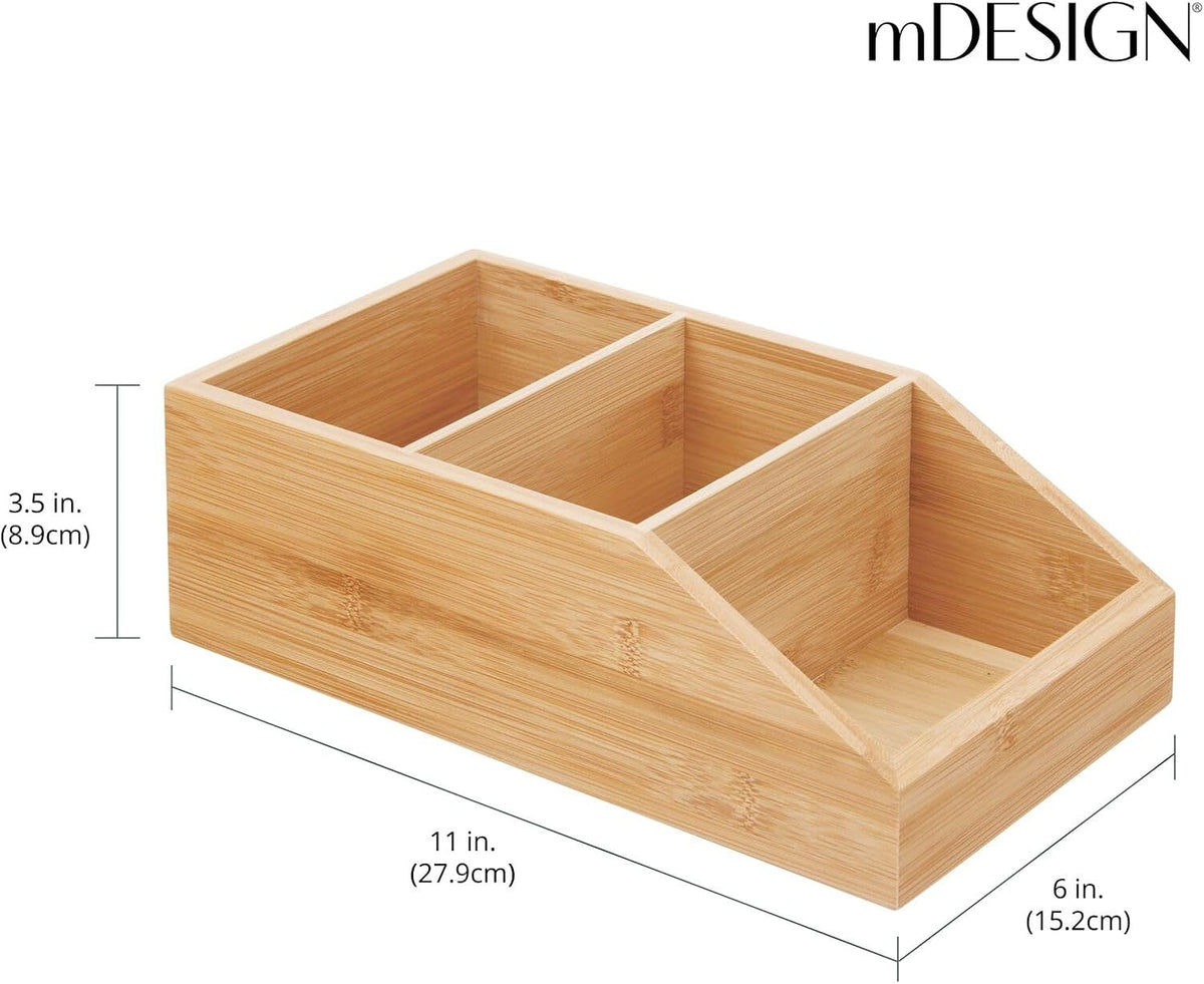 mDesign Bamboo Wood Food Storage Bin with Divided 3 Compartments and Sloped Front for Kitchen Cabinet, Pantry, Shelf to Organize Seasoning Packets, Powder Mixes, Spices, Snacks - Natural