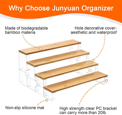 junyuan Spice Rack Organizer for Cabinet,3 Tier Spice Organization for Kitchen,Bathroom Organizers and Storage,Seasoning Countertop Shelf,Bamboo Display Shelves Racks,Clear 11.2"