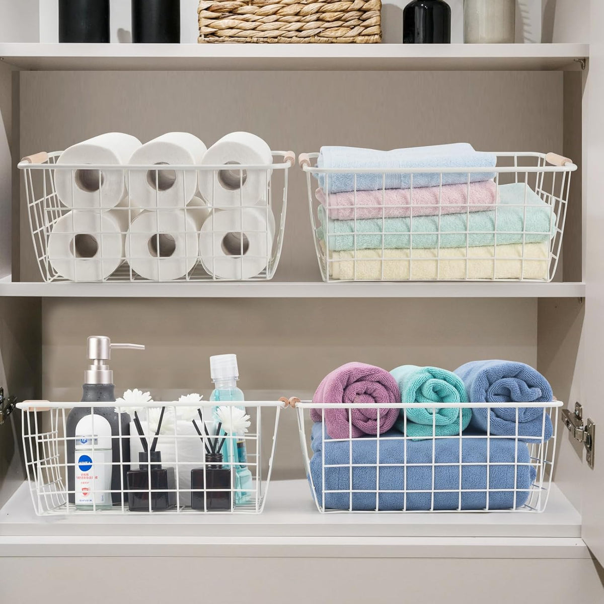 Black Wire Storage Baskets with Wooden Handles - Organizing Pantry and Kitchen Cabinets - Metal Wire Food Storage Basket