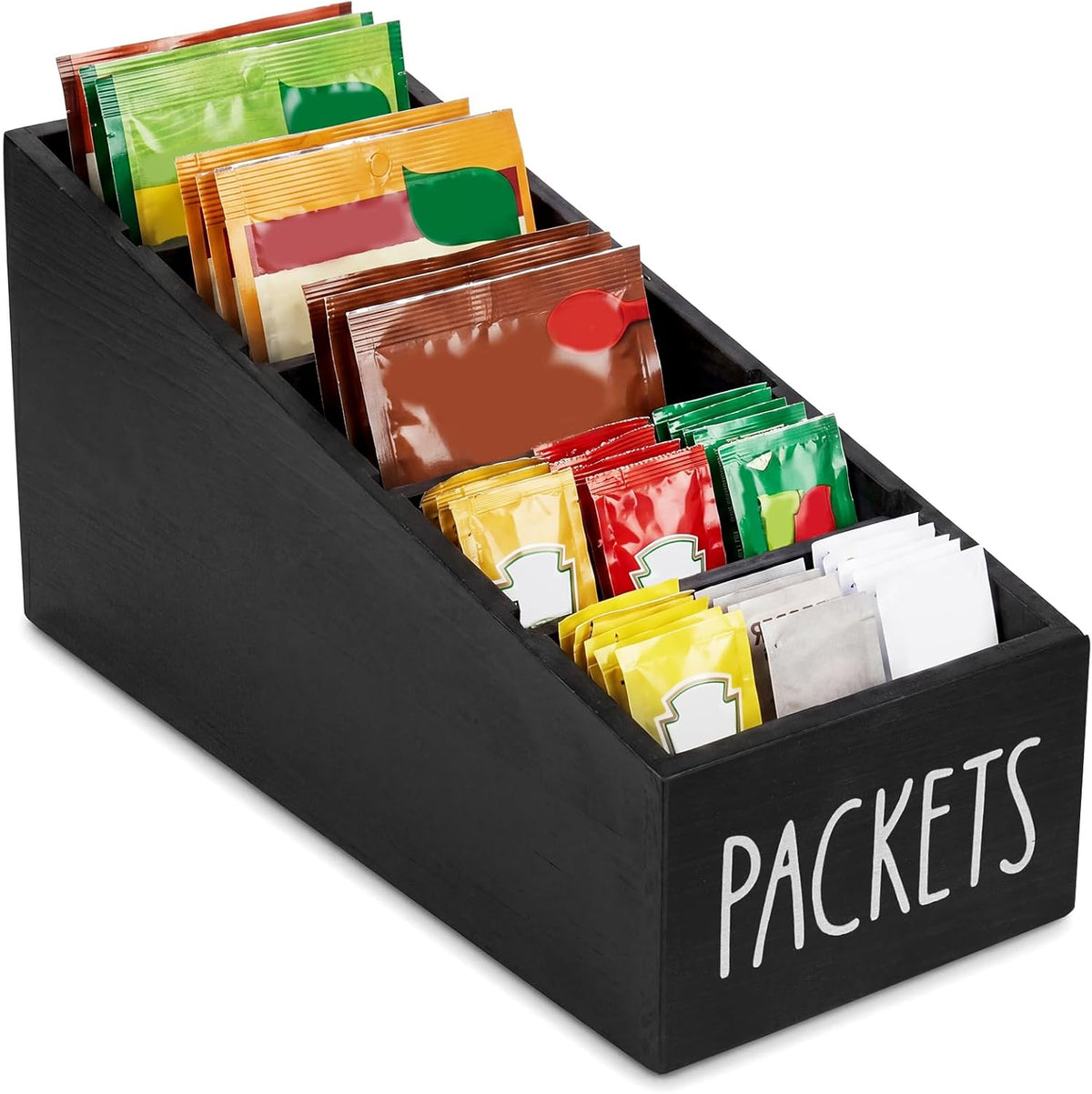 5-Section Large Capacity Seasoning Packet Organizer with Removable Dividers,Wooden Black Snack Organizer,for Kitchen Pantry Cabinet, Farmhouse Kitchen Organization Bin for Spice Packets Storage Basket