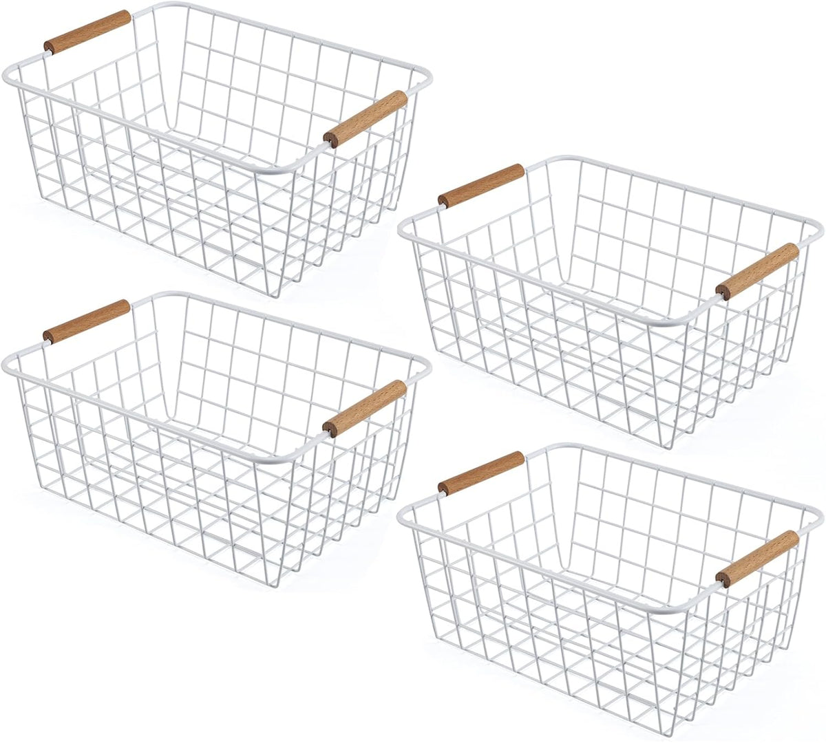Black Wire Storage Baskets with Wooden Handles - Organizing Pantry and Kitchen Cabinets - Metal Wire Food Storage Basket