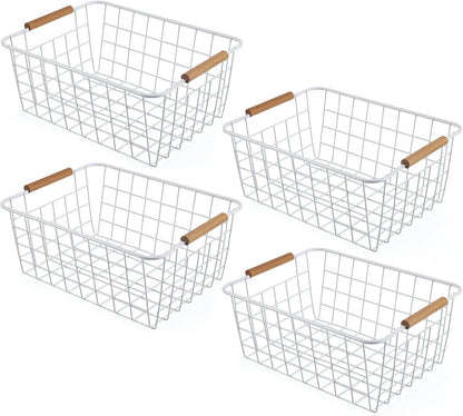 Black Wire Storage Baskets with Wooden Handles - Organizing Pantry and Kitchen Cabinets - Metal Wire Food Storage Basket