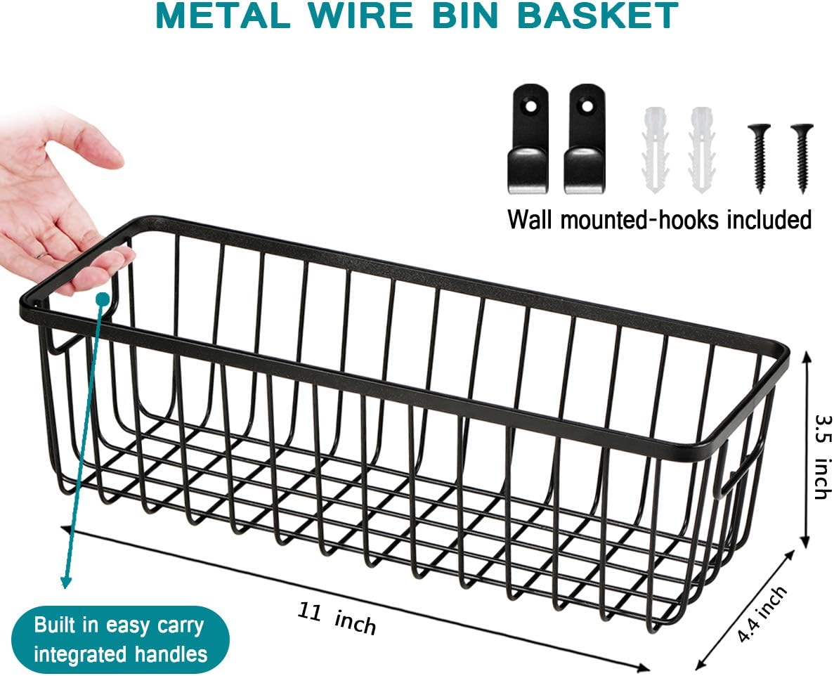 SheeChung Farmhouse Metal Wire Bin Basket with Wall Mount - Small, - Portable Hanging Wall Basket, Rustic Home Storage Organizer for Cabinets, Pantry, Closets, Bathroom, Kitchen,Bedroom(Black)