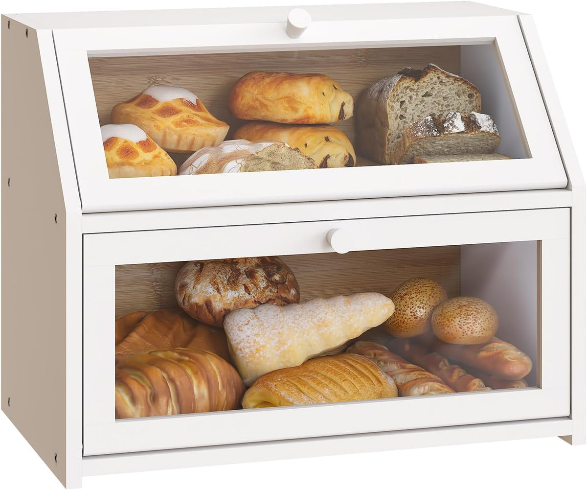 BMOSU Farmhouse Bread Box for Kitchen Countertop Bread box Double Layer Bamboo Wooden Extra Large Capacity Bin Kitchen Food Storage Container(Natural)