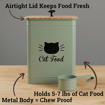 Cat Food Storage Container with Scoop - 5-7 lb (25 Cup) Capacity Metal Cat Food Container with Airtight Bamboo Lid and Metal Scoop - Airtight Pet Food Storage Containers 5 lb - 7 lb Kibble Container