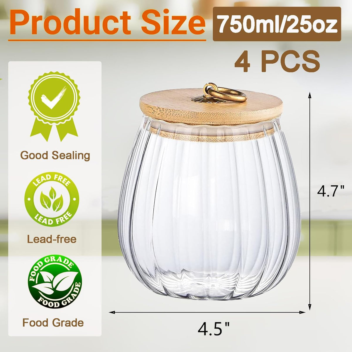Frcctre 4 Pack 25 FL OZ Glass Storage Jars with Bamboo Lid, Kitchen Airtight Glass Canister Sugar Container Decorative Storage Container for Coffee Bar Food Sugar Coffee Beans Candy Tea