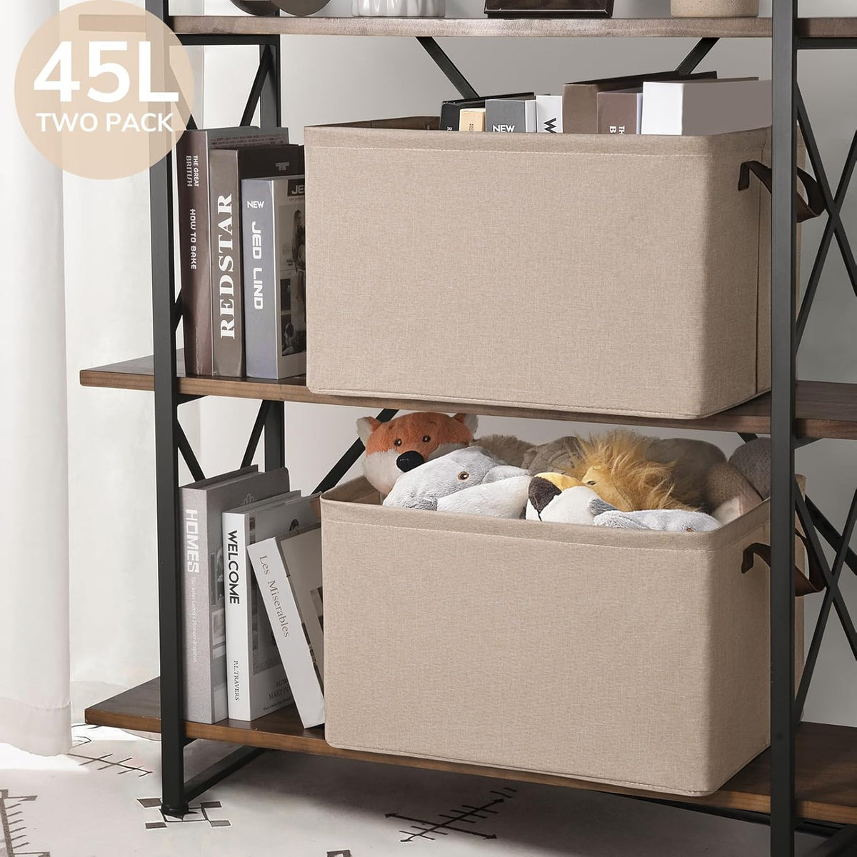 CHICVITA Large Storage Baskets for Shelves, Fabric Storage Bins with Metal Frame, Closet Organizers and Storage Boxes for Clothes Toy, Beige