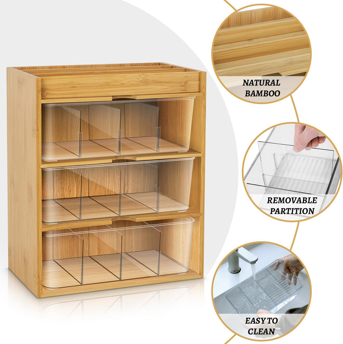 TIMIEEYA Tea Bag Organizer - Bamboo Tea Storage Organizer With Drawer 2 Layer, Tea Organizer for Tea Bags Natural Wood & Acrylic for Countertop Office Kitchen Cabinet Pantry