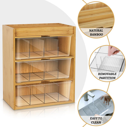 TIMIEEYA Tea Bag Organizer - Bamboo Tea Storage Organizer With Drawer 2 Layer, Tea Organizer for Tea Bags Natural Wood & Acrylic for Countertop Office Kitchen Cabinet Pantry