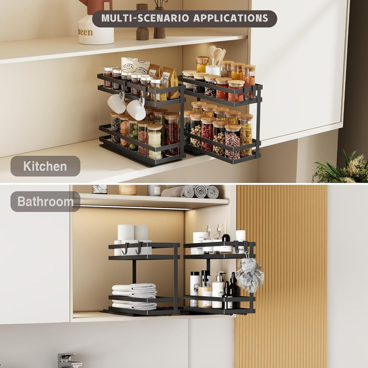 Magheo Pull Out Spice Rack Organizer for Cabinet, Metal Seasoning Organizer Slide Out Spice Storage Shelf No Assembly Vertical Spice Rack Pullout for Kitchen & Bahthroom No Drill(2 Tier,Black)