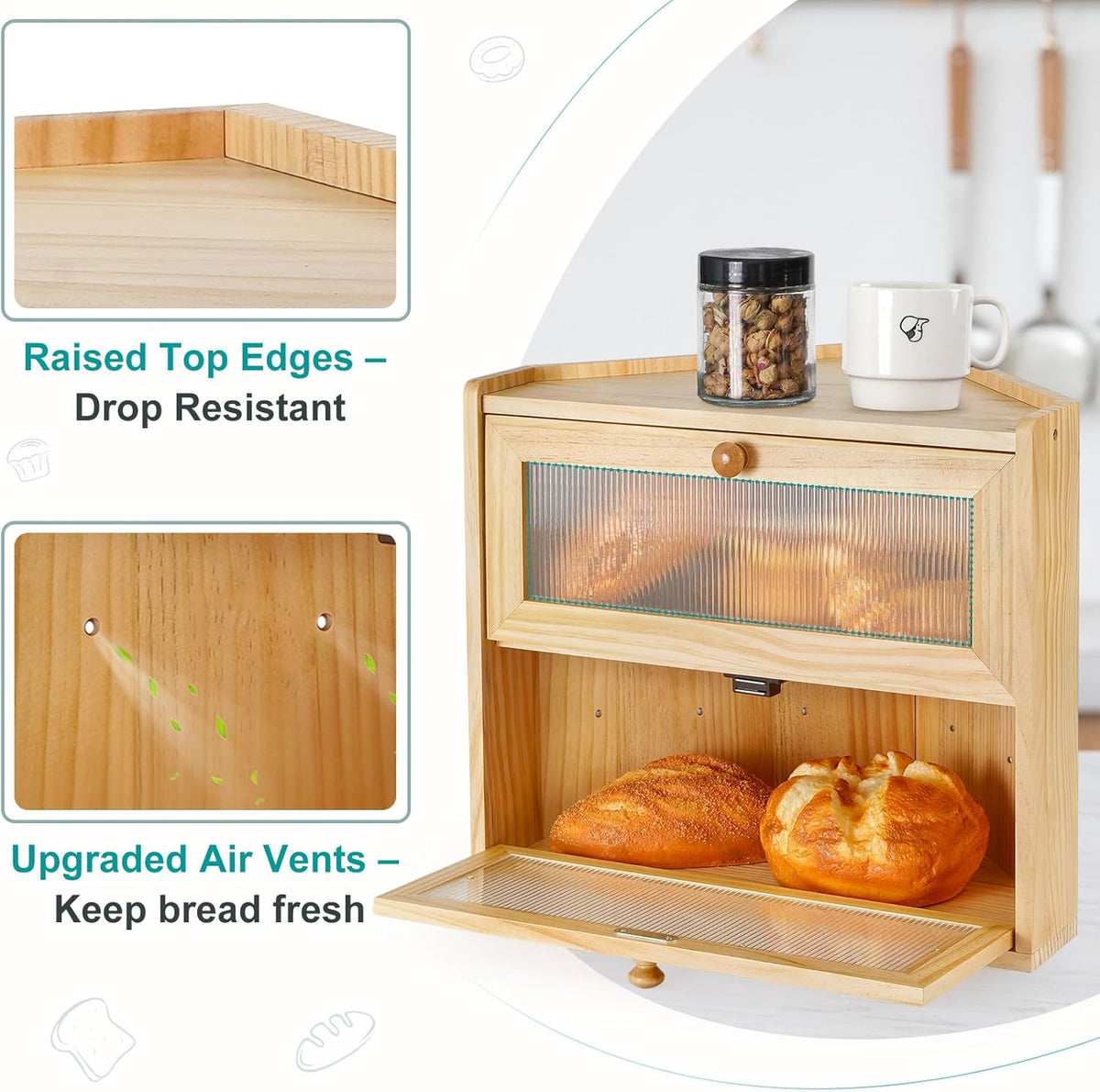 Sunhoo Bread Box for Kitchen Countertop Corner Large Wooden Bread Bin 2 Tier Rustic Food Storage Container with Acrylic Window Farmhouse Keeper Shelf Organizer for Loaves Pastries & Snacks (Brown)