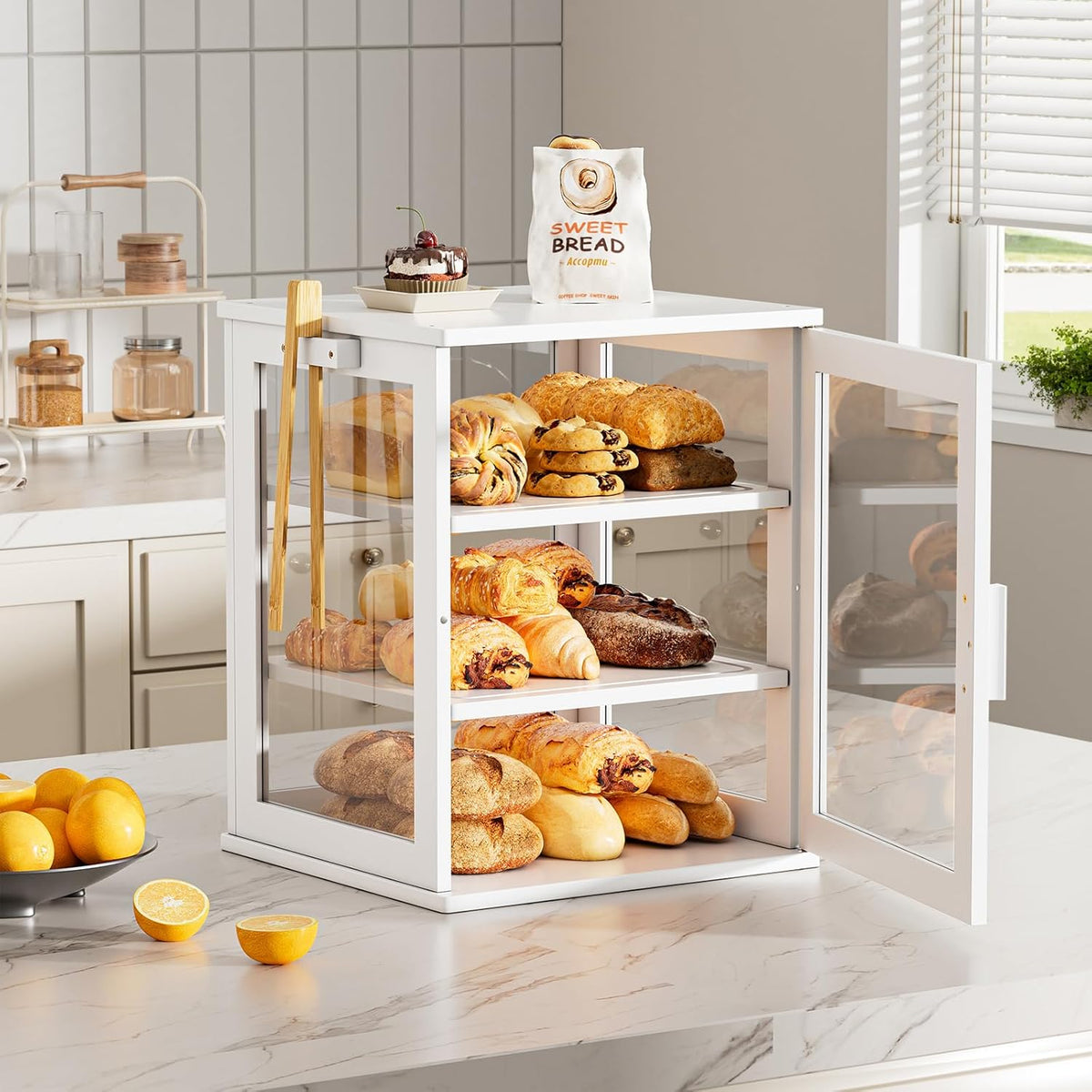 WOWLIVE Black Bread Box for Kitchen Countertop, Large 3 Layers Bread Storage Container for Homemade Bread with Window, Farmhouse Breadbox Organizer for Kitchen, Cabinet, Pantry (Black, Meduim)