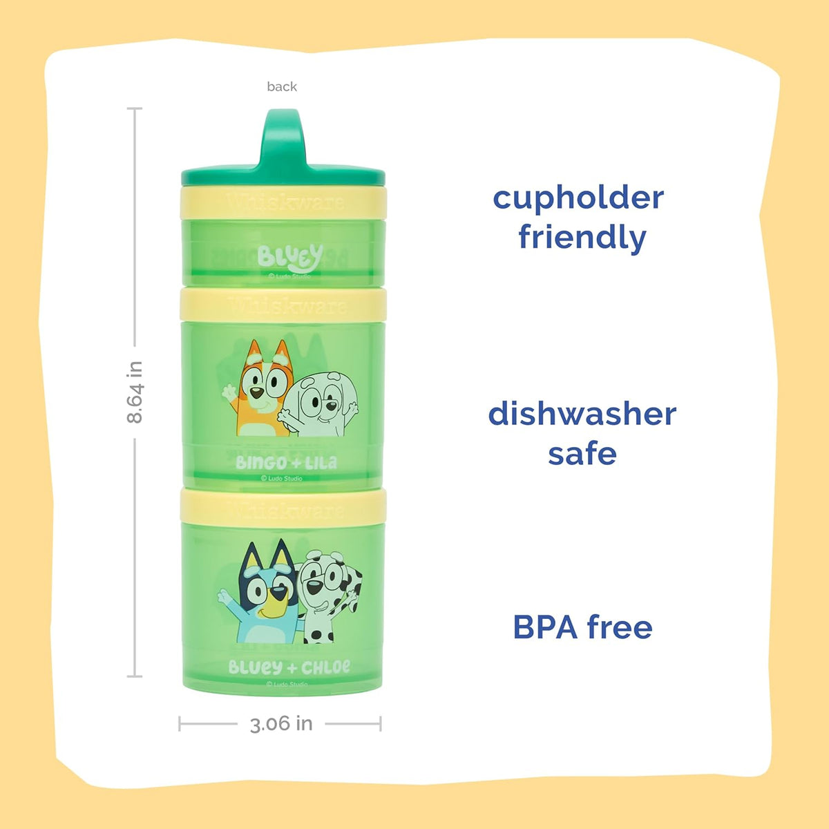 Whiskware Bluey Stackable Snack Containers for Babies, Toddlers, and Kids, 3 Stackable Snack Cups for School and Travel, Cupholder Friendly, Bluey and Bingo! Let’s Do This!