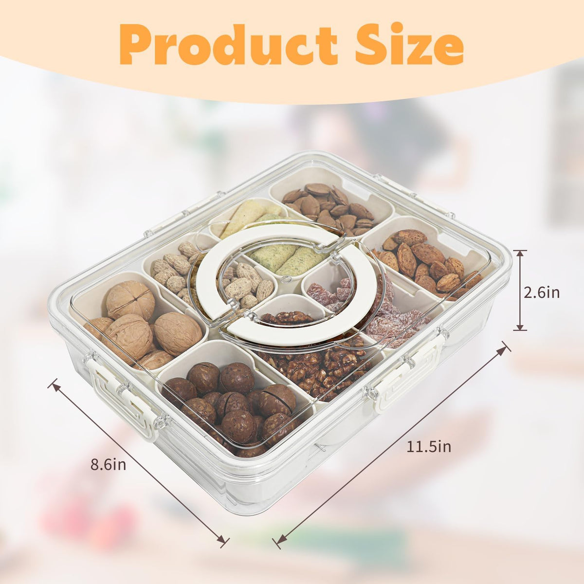 Divided Serving Tray with Lid and Handle,8 Compartments Snacks Box,Snack Fruit Tray,Veggie Tray,Portable Platter for Candy Fruits Nuts Snack Party Entertaining Picnic