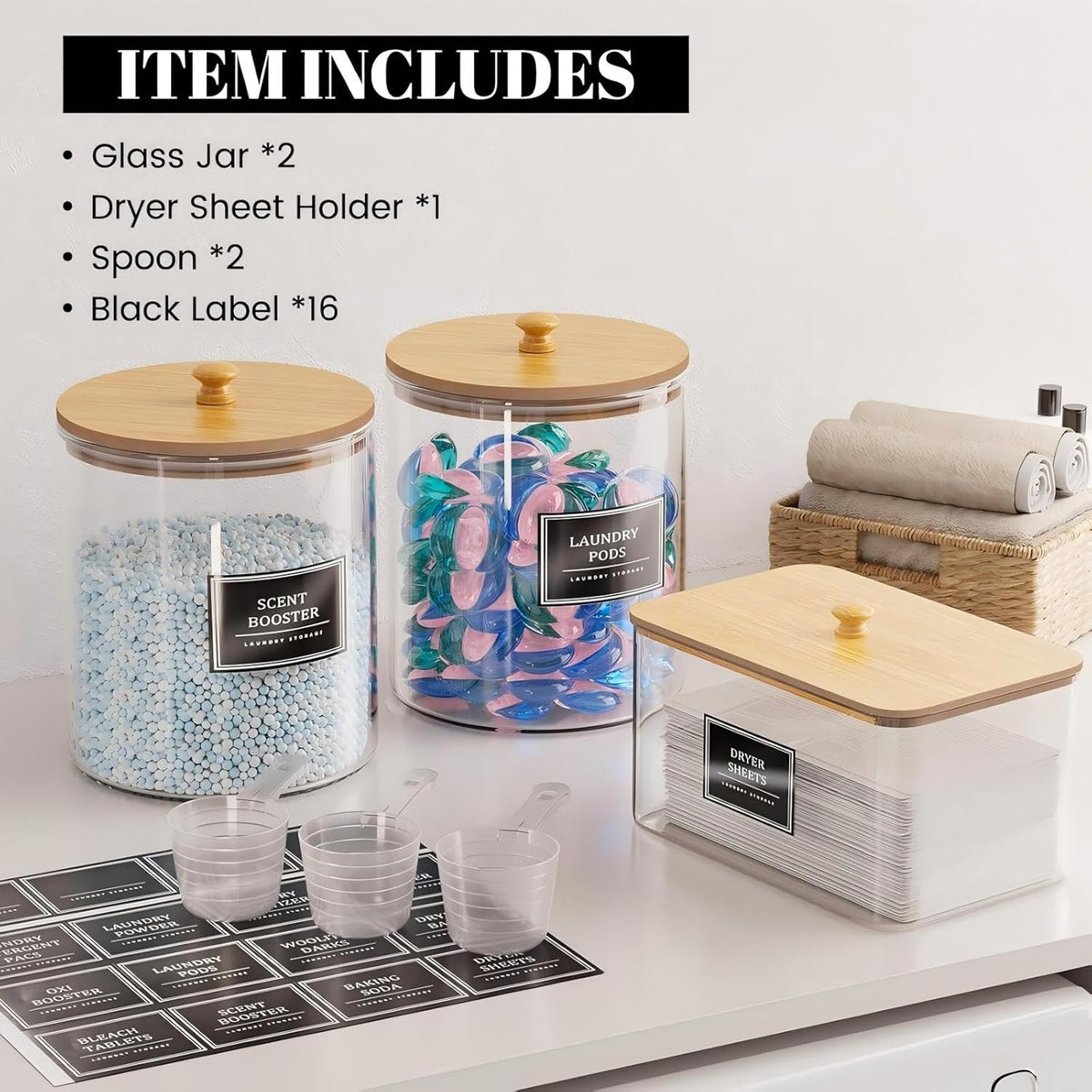 HomePekite Laundry Pods Storage Container, Clear Laundry Room Organization and Storage,Detergent Powder Container,with Wooden Lids & Labels, 3+