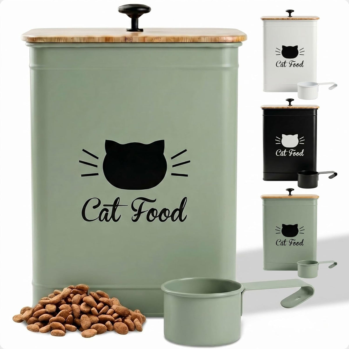 Cat Food Storage Container with Scoop - 5-7 lb (25 Cup) Capacity Metal Cat Food Container with Airtight Bamboo Lid and Metal Scoop - Airtight Pet Food Storage Containers 5 lb - 7 lb Kibble Container