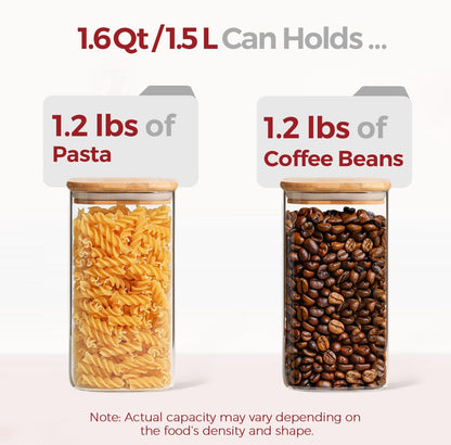 1Qt Airtight Glass Canisters with Bamboo Lid, Square Pantry Storage Containers for Coffee, Cookie, Candy, Snack, Nuts, Dry Goods - Kitchen & Pantry Organizers and Storage Containers