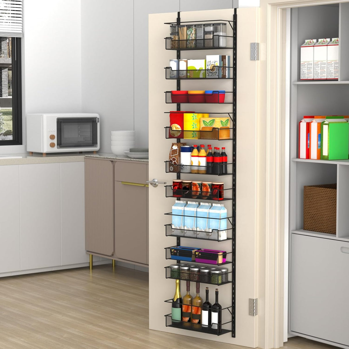 VyGrow 12.3" W Narrow Over the Door Pantry Organizer, 6-Tier Over the Door Organizer with Adjustable Basket, Pantry Door Organization for Pantry Kitchen Storage Room Spice Rack, White