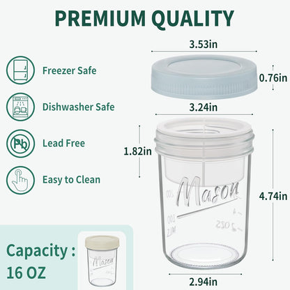 Xyptorix 16 oz Overnight Oats Containers with Lids, Leak-Proof Wide Mouth Mason Jars & Separate Compartments for Fruits/Nuts, Airtight Glass Jars for Chia Pudding, Yogurt, Parfait and Salad