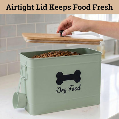 Dog Food Container Airtight 15-20 lb (70 Cup) Capacity with Metal Scoop - Cute Airtight Dog Food Storage Container with Bamboo Lid - Black Metal Kibble Storage Bin for Dogs up to 100 lbs - Big Pet Jar