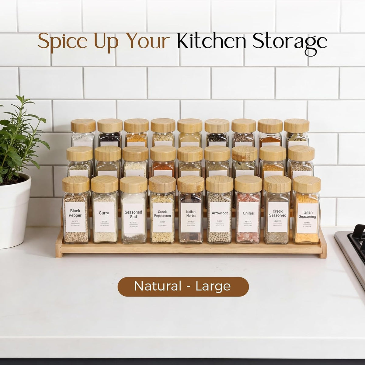 Spice Rack Organizer for Cabinet, 18in Bamboo Tiered Spice Rack，Used for Kitchen Countertops and Food Storage Room Organizer，Specially Designed for Jars and Spice Bottles(Bamboo, L)