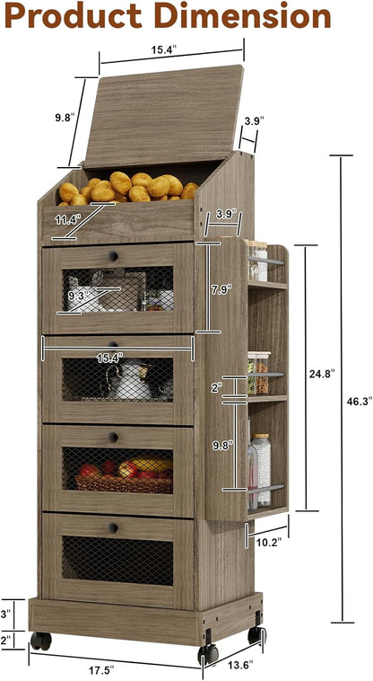 ARTETHYS Potato and Onion Storage Bin for Pantry 5-Tier Rolling Fruit and Vegetable Organizer with Spice Rack on Wheels Movable Large Bread Box Cabinet with 4 Ventilated Drawers for Kitchen, Rustic