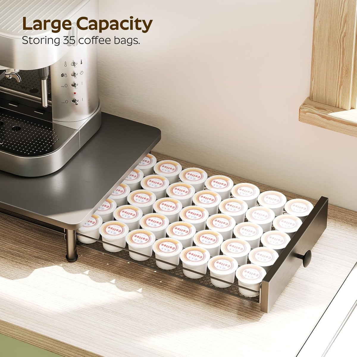 YATINEY Coffee Pod Drawer Holder, Coffee Pod Drawer for K Cup, 35 Capacity Coffee Capsules Storage Organizer, Sliding Mesh Basket, for Home Office, Kitchen, Rustic Brown KH08BRG1