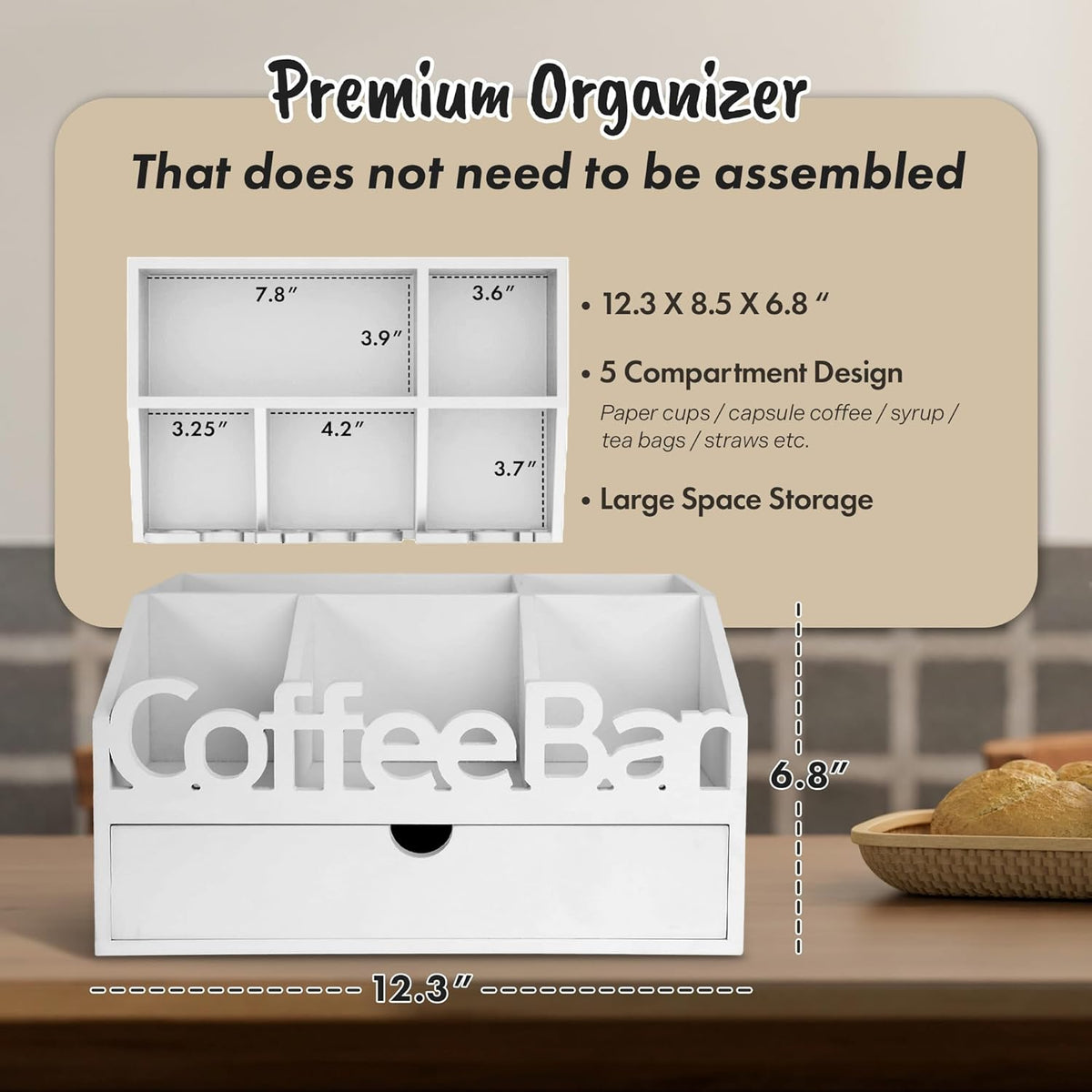 Coffee Bar Organizer for Countertop – Wooden Coffee Caddy with Compartments for Pods, Sugar Packets, and Accessories – Coffee Condiment Station Storage for Home and Office (Black)