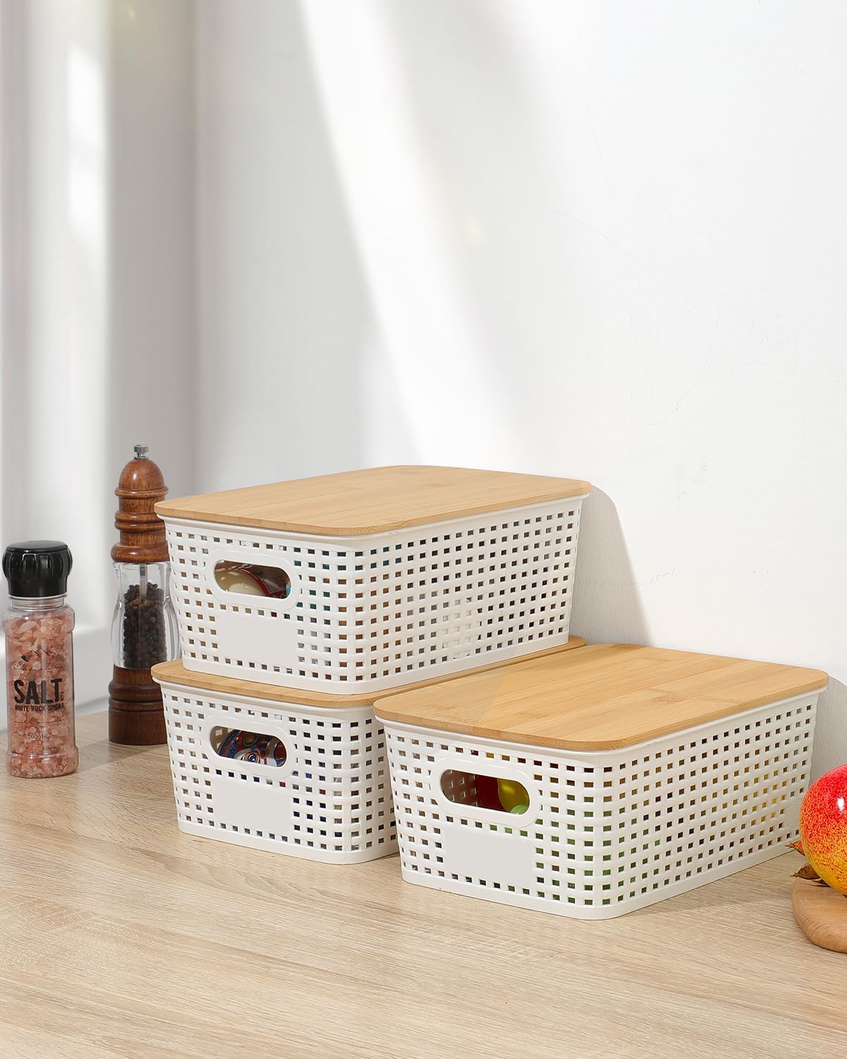 EOENVIVS Plastic Storage Baskets with Bamboo Lids for Pantry Organization and Storage Containers Bins for Shelves Drawers Desktop Closet Playroom Classroom Office Home, 6 Pack,White