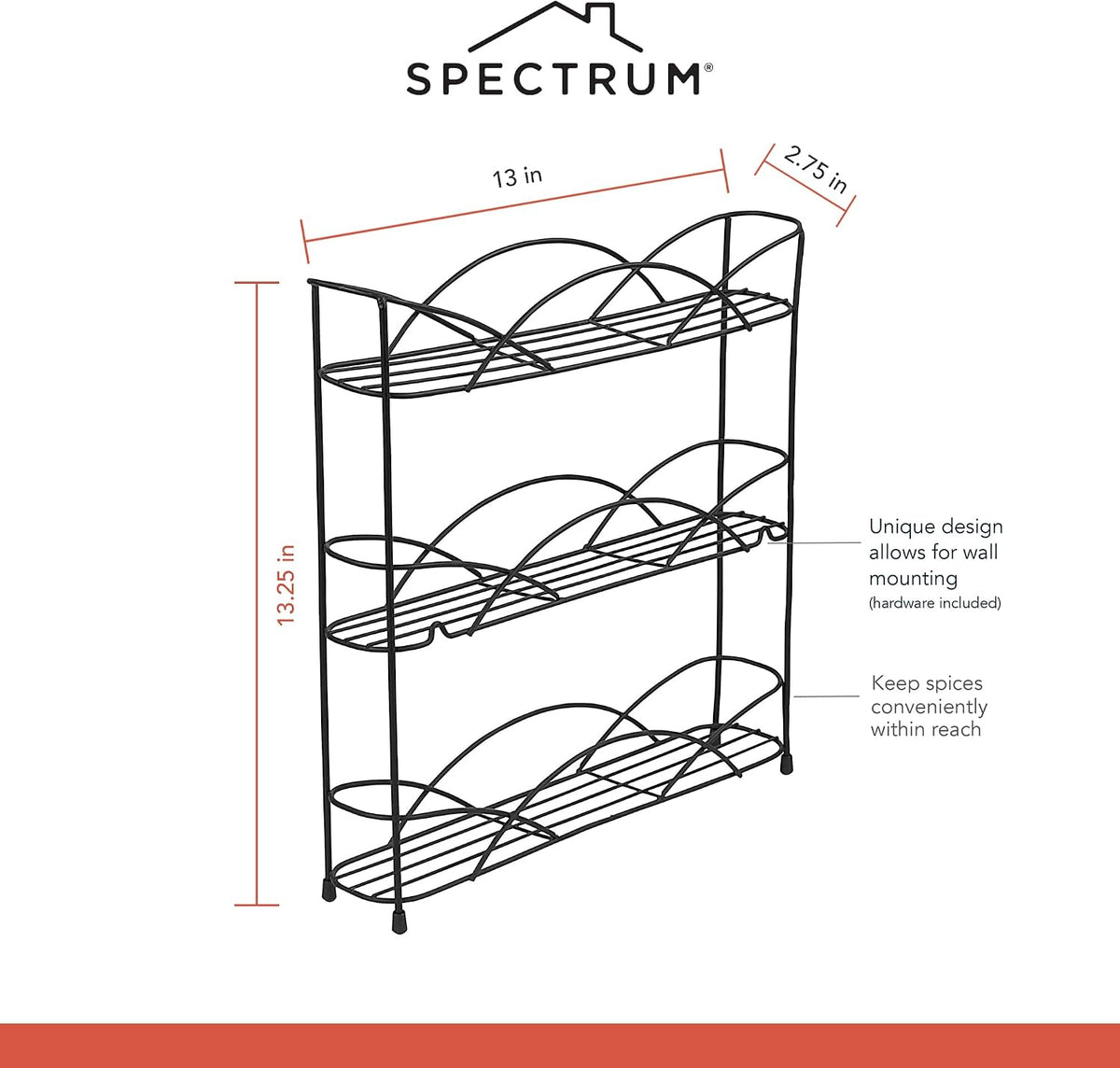 Spectrum 3 Tier Spice Rack Organizer Black Countertop Wire Shelf Spice Rack for Modern Kitchen Pantry Cabinet, Organize Spices with Three Tier Spice Shelf for Kitchen Storage with Wall Mount Option