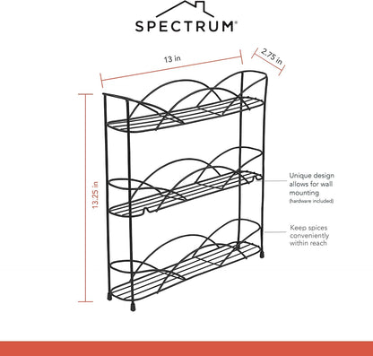 Spectrum 3 Tier Spice Rack Organizer Black Countertop Wire Shelf Spice Rack for Modern Kitchen Pantry Cabinet, Organize Spices with Three Tier Spice Shelf for Kitchen Storage with Wall Mount Option