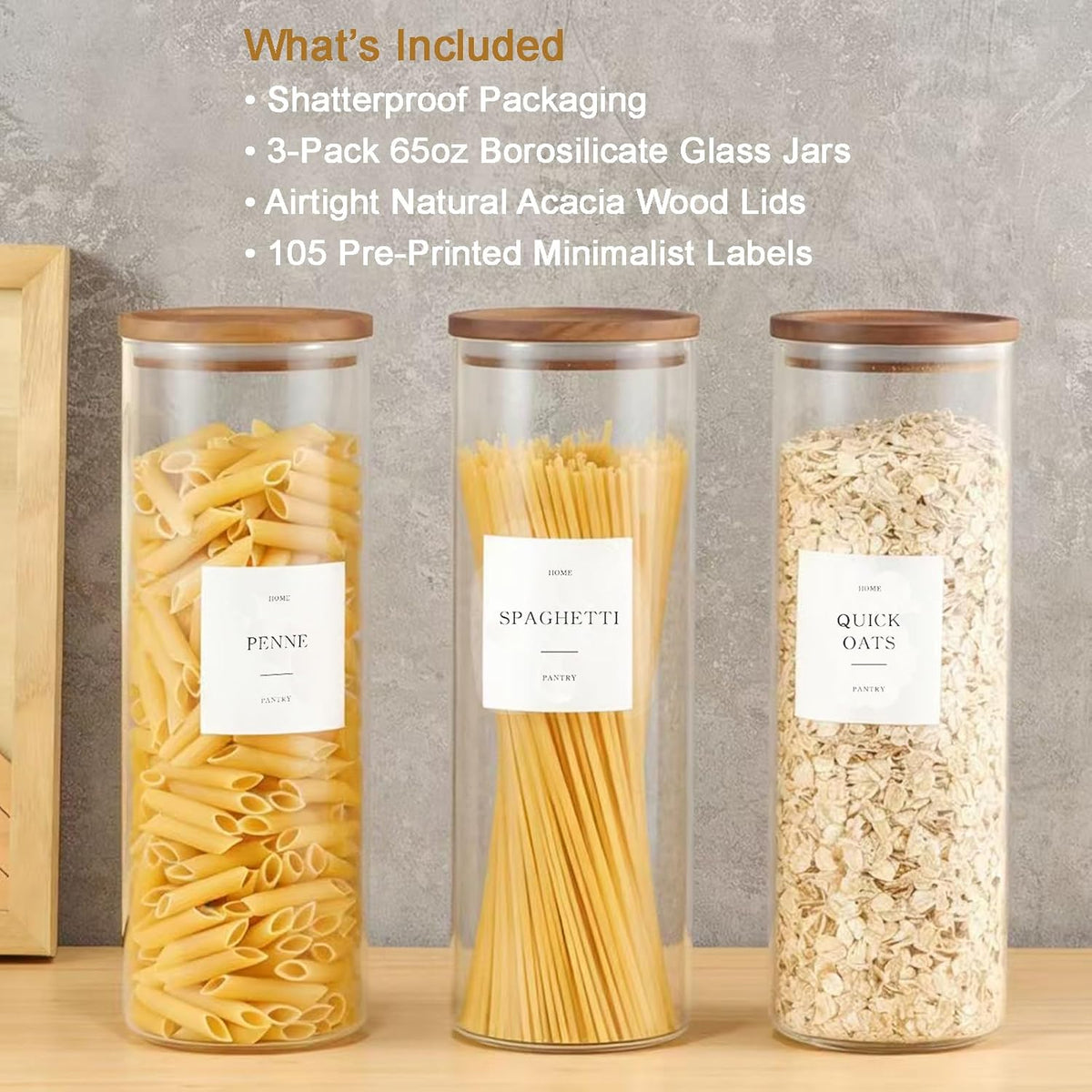 Glass Rice Containers with Acacia Wood Lids, 70oz Airtight Flour and Sugar Jars with 105 Labels, Large Glass Pantry Storage Jars for Cereal, Protein Powder, Cookies, Dry Food