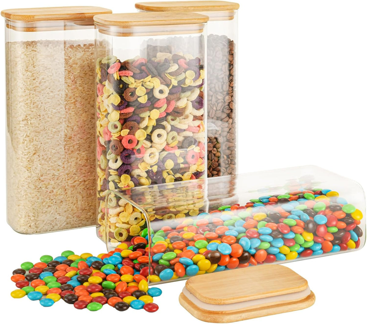 D2scrma 37oz Rectangle Airtight Glass Storage Containers with Bamboo Lids (Set of 6), Square Food Storage Jar, Pantry Organizers for Cereal, Nuts, Snacks and Coffee beans (‎with Black Lable)