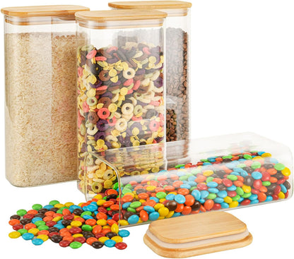D2scrma 37oz Rectangle Airtight Glass Storage Containers with Bamboo Lids (Set of 6), Square Food Storage Jar, Pantry Organizers for Cereal, Nuts, Snacks and Coffee beans (‎with Black Lable)
