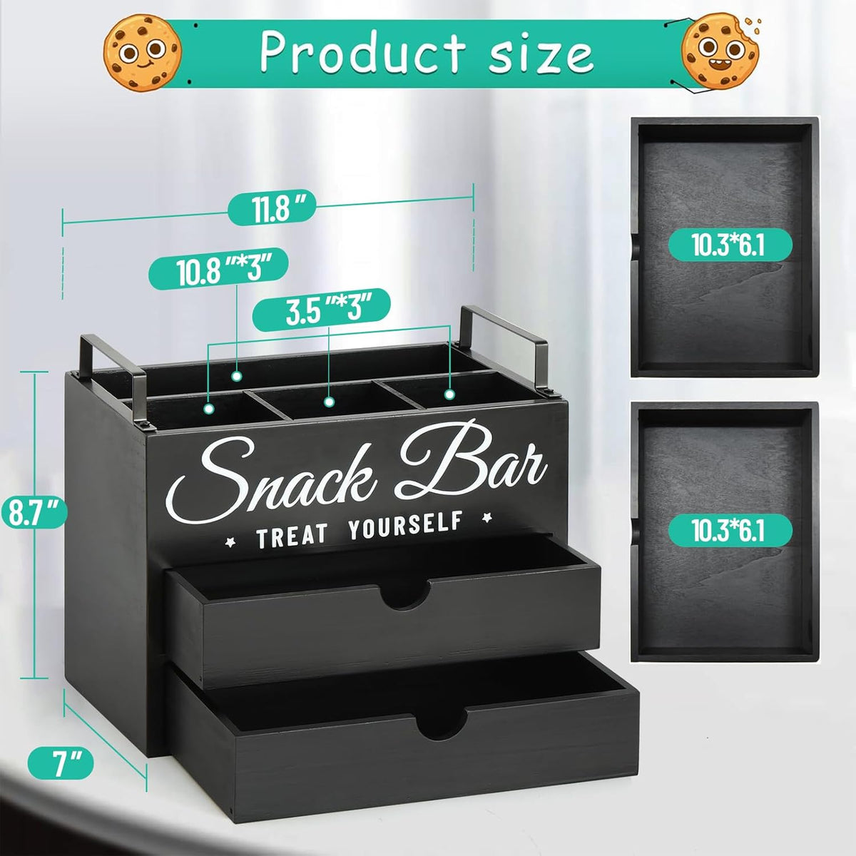 Snack Organizer for Countertop, Wood Pantry Storage Bins with Handles, Snack Bar Organizer for Kitchen, Office, 4 Compartment Food Container Snack Box with Drawer, Pantry Organizer for Chips, Candy