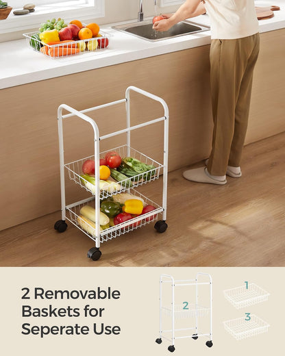 SONGMICS 3-Tier Metal Rolling Cart on Wheels with Baskets, Lockable Utility Trolley with Handles for Kitchen Bathroom Closet, Storage with Removable Shelves, Black UBSC03BK
