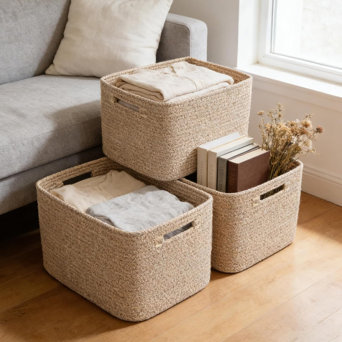 3 Pack Woven Rope Storage Baskets for Shelves,13.5"×11"×9.5" Storage Bins with Handles,Empty Gift Baskets,Nursery Organizer for Toys,Towels,Books,Closet,Living Room,Bedroom (White & Brown)