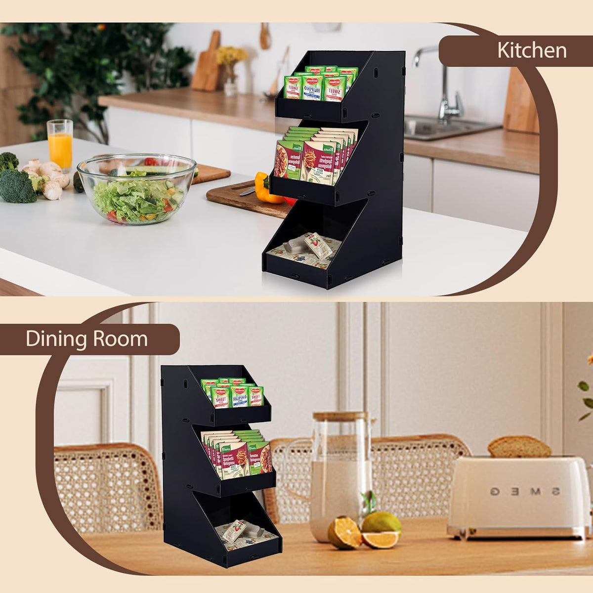 Sauce Packet Organizer, For Organizing Ketchup Packet, Condiment Packets, Sugar Packets, Hot Sauce Pack, 3-Tier Design with Straw Holder, Condiment Organizer for Restaurant, Cafe, Home, Black Acrylic