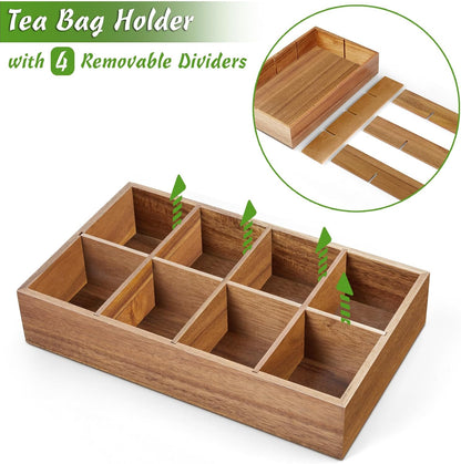DRASTAR Tea Bag Organizer, Acacia Tea Bag Holder, Tea Storage Containers with 3 Slots, Wooden Tea Storage Accessories, Mini Tea Bag Caddy Box for Countertop