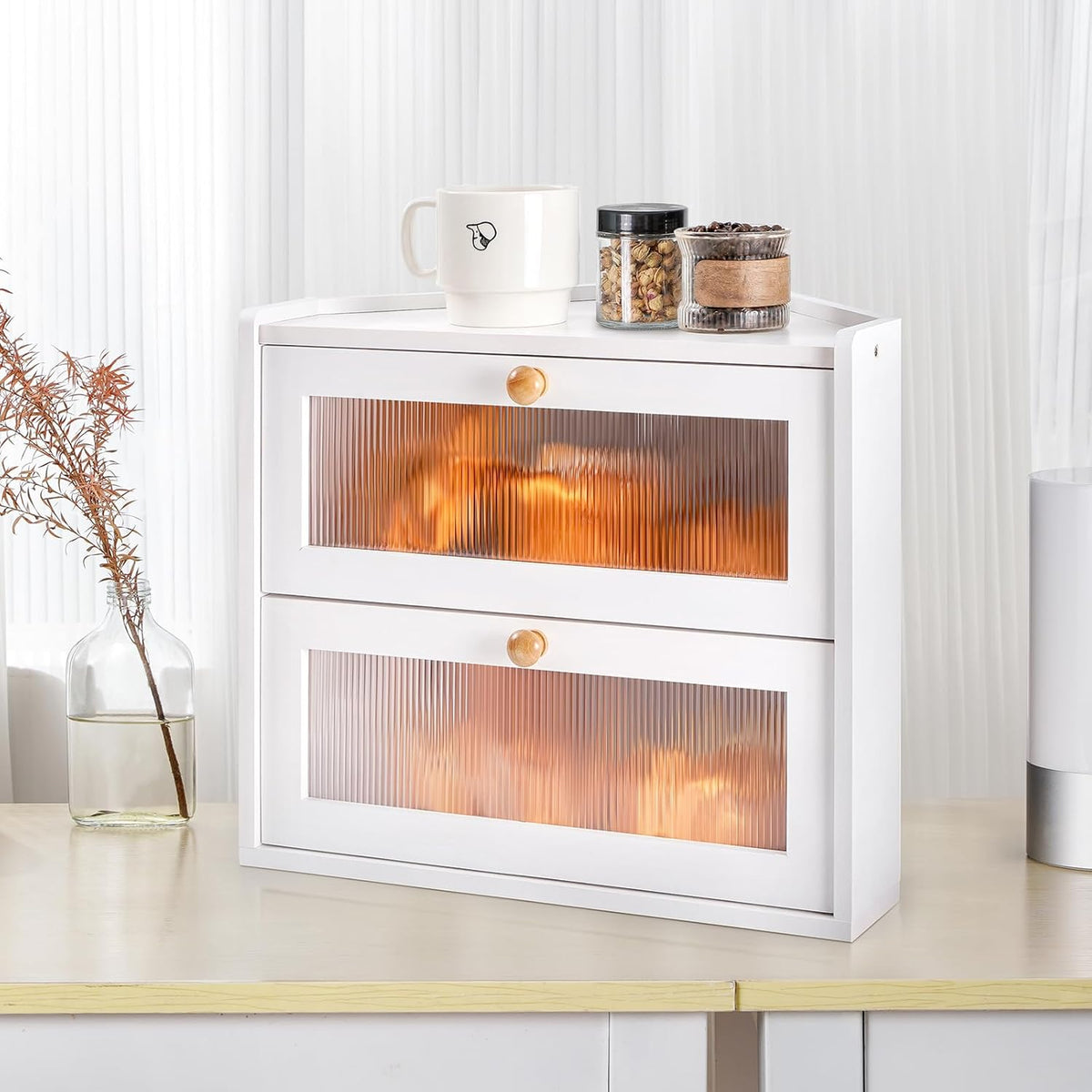 Sunhoo Bread Box for Kitchen Countertop Corner Large Wooden Bread Bin 2 Tier Rustic Food Storage Container with Acrylic Window Farmhouse Keeper Shelf Organizer for Loaves Pastries & Snacks (Brown)