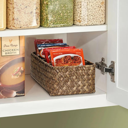 BSTKEY Seasoning Packet Organizer, Food Storage Organizer with 4 Compartments, Seagrass Woven Divided Basket for Kitchen Pantry Cabinet, Kitchen Organization Bin for Snacks Spice Packets
