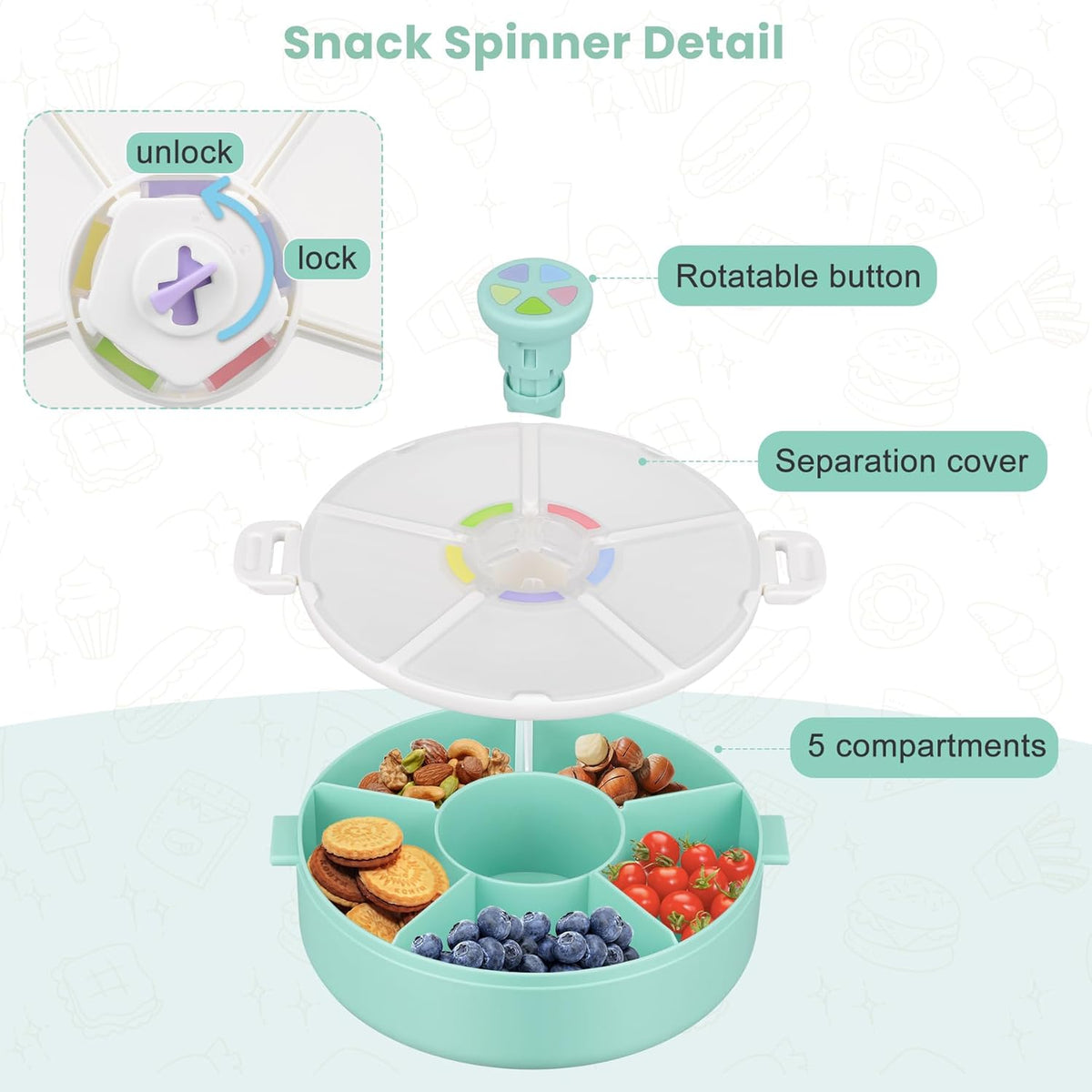 Pawtong Snack Rotator Container Reusable Snack Box with 5 Compartment Dispenser and Lid, Color Matching Opening Lid, BPA and PVC Free, for Home, School, Travel (Purple)