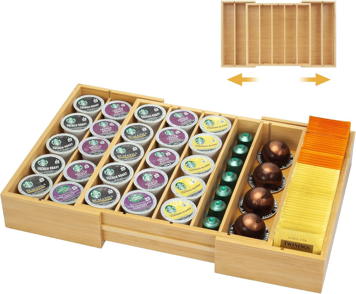 MinBoo Bamboo K Cup Holder for Drawer or Countertop Coffee Pod Holder Expandable K Cup Pod Storage Tea bag organizer K Cup Storage for Coffee Station Home Office and Kitchen