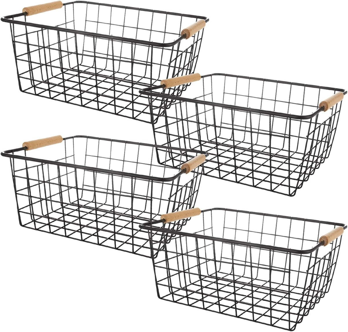 4 Pack Black Metal Wire Storage Baskets, Pantry Baskets for Organizing, Wire Food Storage Basket Organizer with Wooden Handles for Kitchen, Pantry, Freezer - 29 x 22 x 12cm