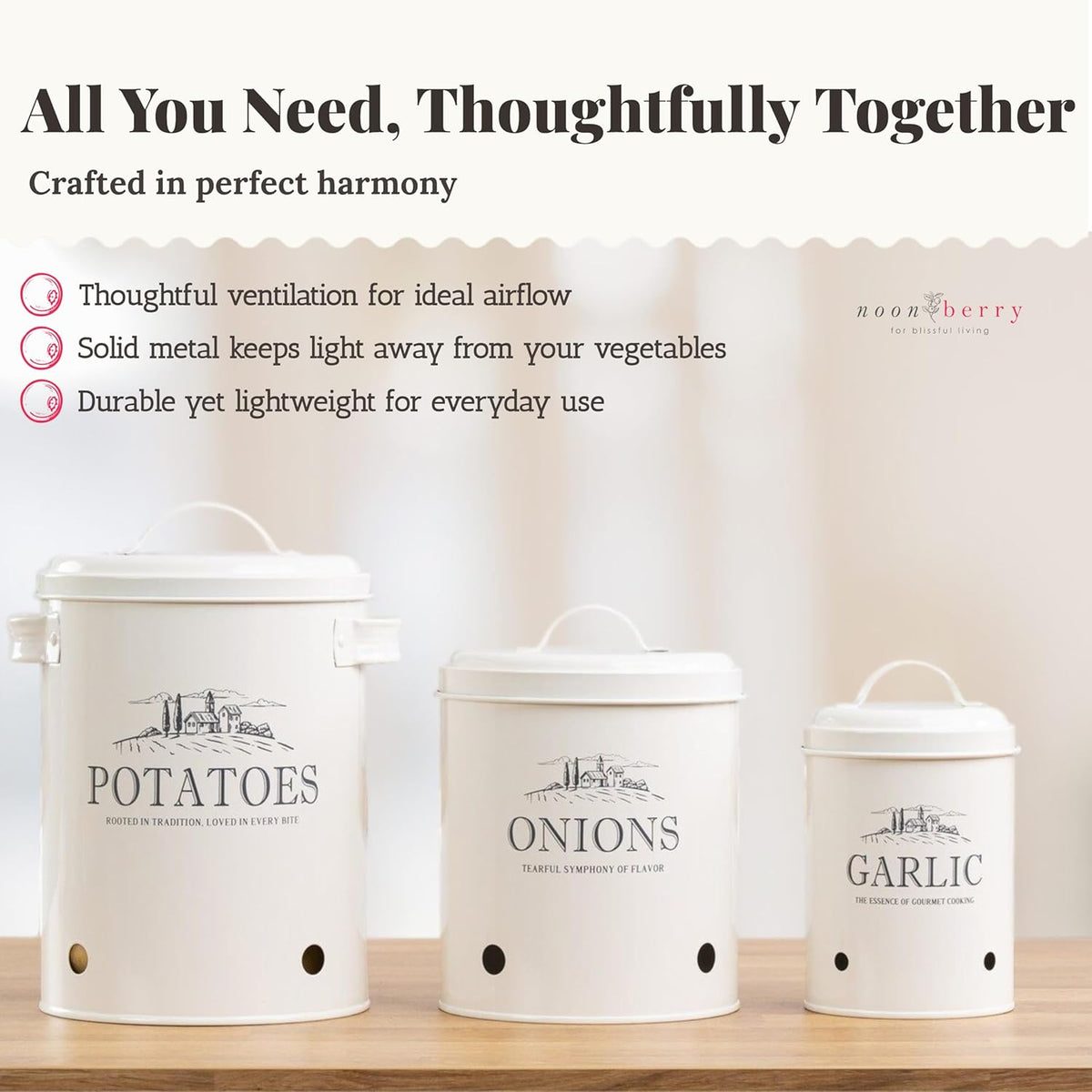 noonberry Potato and Onion Storage Bin Set – 3-Piece Ventilated Potato Storage Bin, Onion Storage Container and Garlic Container – Cream-White Magnolia Finish
