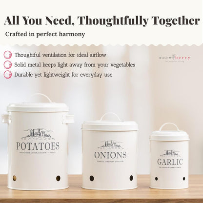 noonberry Potato and Onion Storage Bin Set – 3-Piece Ventilated Potato Storage Bin, Onion Storage Container and Garlic Container – Cream-White Magnolia Finish
