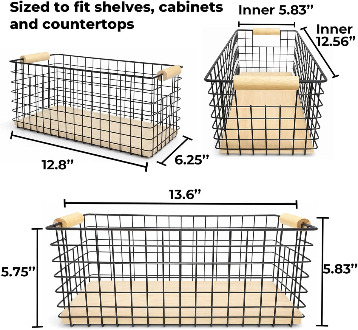 Wire Storage Baskets with Solid Wood Handles, Set of 2 – Metal Organizer Basket with MDF Base for Kitchen Countertop, Bathroom, Pantry, Entryway, Office | 12.8” x 6.25” | Black